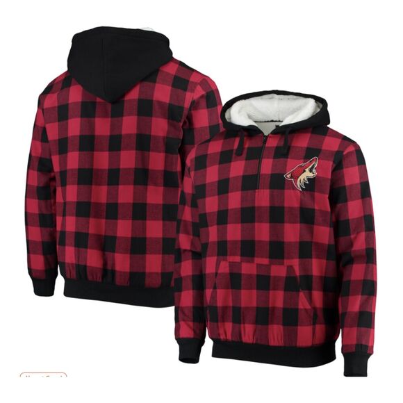 NHL Arizona Coyotes Black/Garnet Large Check Sherpa Flannel 1/4 Zip Hoodie - XL - Picture 1 of 7